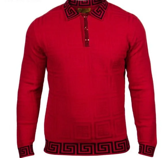 New Deals Prestige SW-457 3 Button Polo Greek  Sweater Red