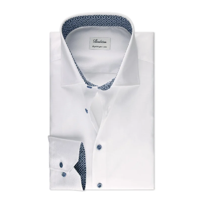 Unmissable Offer White Twill Fitted Body Blue Contrast Shirt w/ Extra Long Sleeves - Stenströms Unmissable Offer White Twill Fitted Body Blue Contrast Shirt w/ Extra Long Sleeves - Stenströms