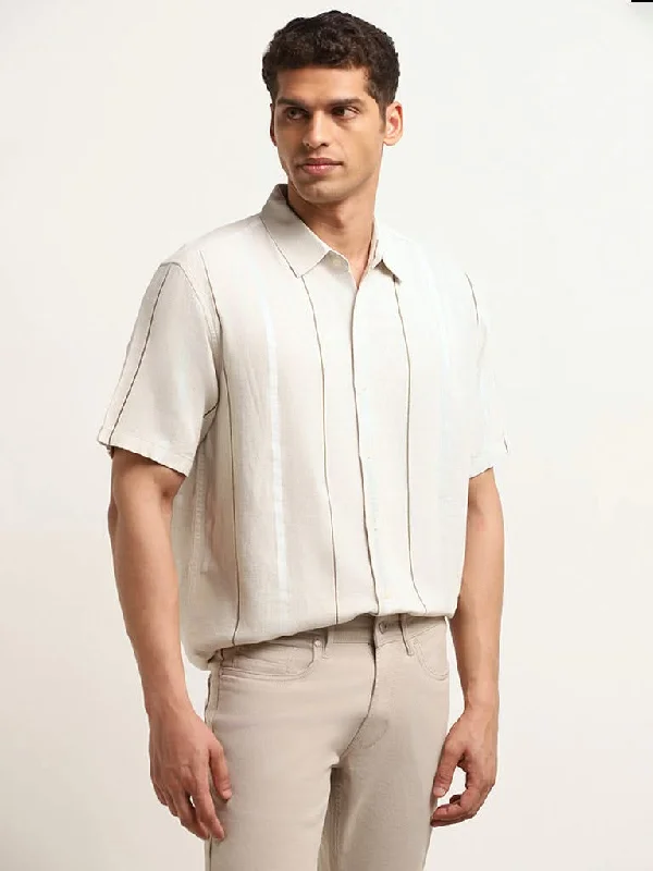 Ascot Beige Striped Relaxed Fit Blended Linen Shirt