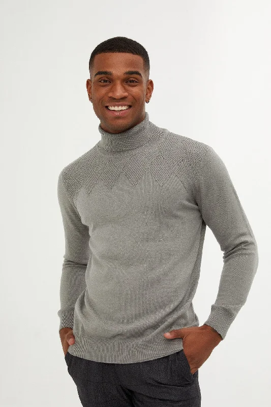 Special Price Regular Fit Patterned Cotton Blend Khaki Turtleneck Sweater, Gray Melange Special Price Regular Fit Patterned Cotton Blend Khaki Turtleneck Sweater, Gray Melange