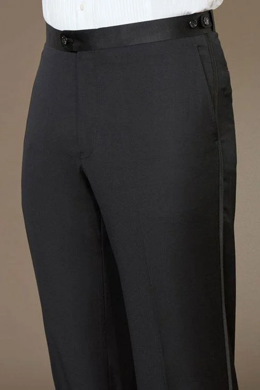Mega Discount "Baroni" Black Super 150's Wool Plain Front Tuxedo Pants