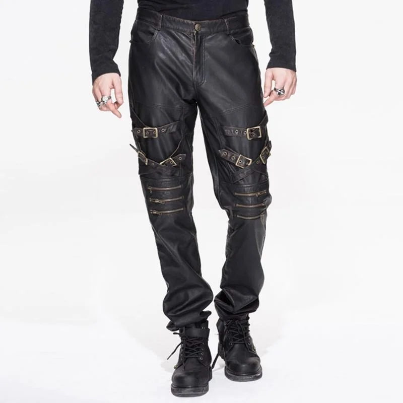 Hot Deal Men's Punk Faux Leather Trousers With Decorative Straps