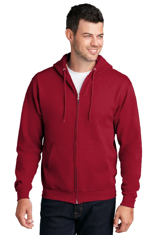 Doorbuster Deal Port & Company Mens Core Pill Resistant Fleece Full Zip Hooded Sweatshirt Hoodie w/ Pockets - Red