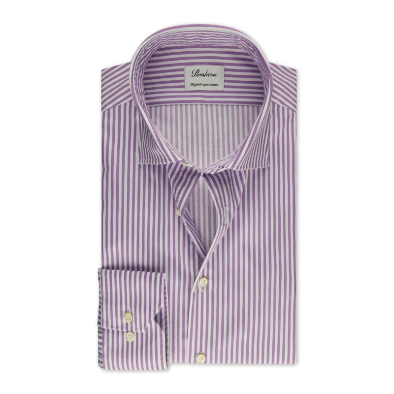 Purple Striped Cotton Twill Fitted Body Shirt - Stenströms