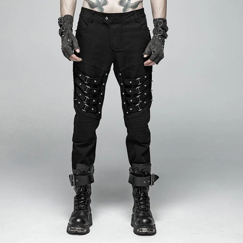 Weekend Discounts to Delight Men's Punk Rivets Straight-Leg Pants With Buckles