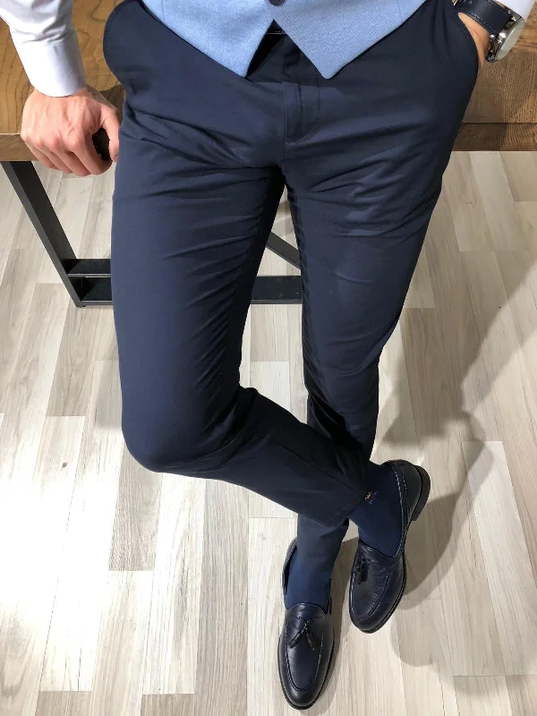Clearance Sale Navy Blue Cotton Slim Pants - Versatile Elegance for Every Occasion