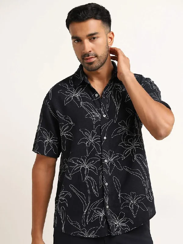 Factory Direct Sale Ascot Navy Floral Print Relaxed Fit Blended Linen Shirt