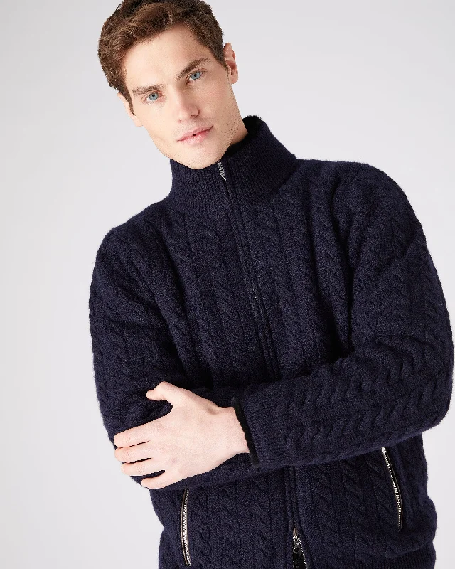 Midnight Madness Men's Aspen Cashmere Cable Fur Cardigan Navy Blue