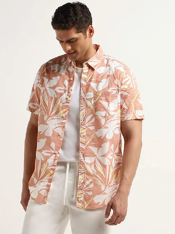 Limited Time Discount WES Casuals Peach Floral Print Slim Fit Shirt