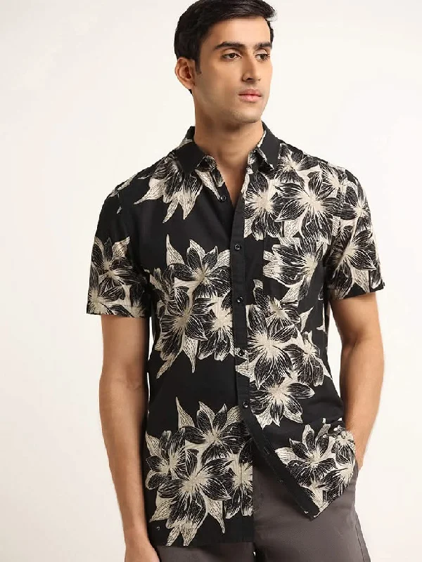 WES Casuals Black Floral Printed Cotton Slim Fit Shirt