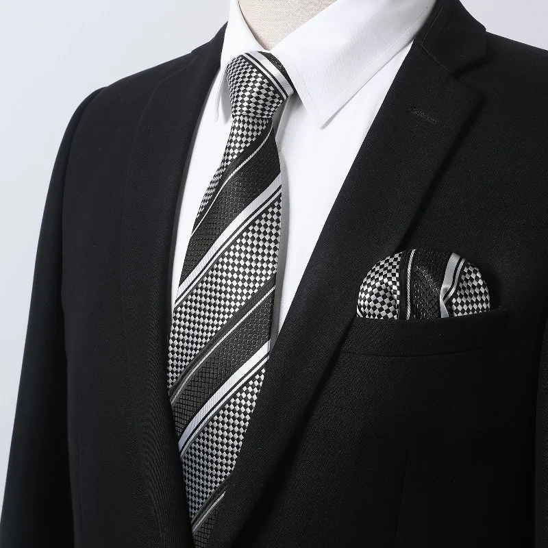Discount Deals Men's Shirt with Tie Handkerchief Set - 02-WHITE/BLACK