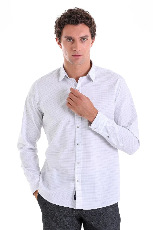 Comfort Fit Long Sleeve Windowpane Cotton Gray Casual Shirt