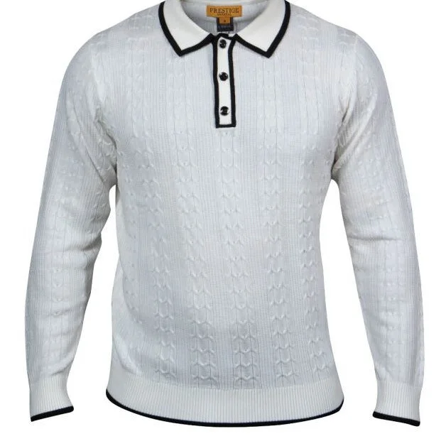 Markdowns Prestige SW-472 L/S 3 Button Polo Cbl Textured White