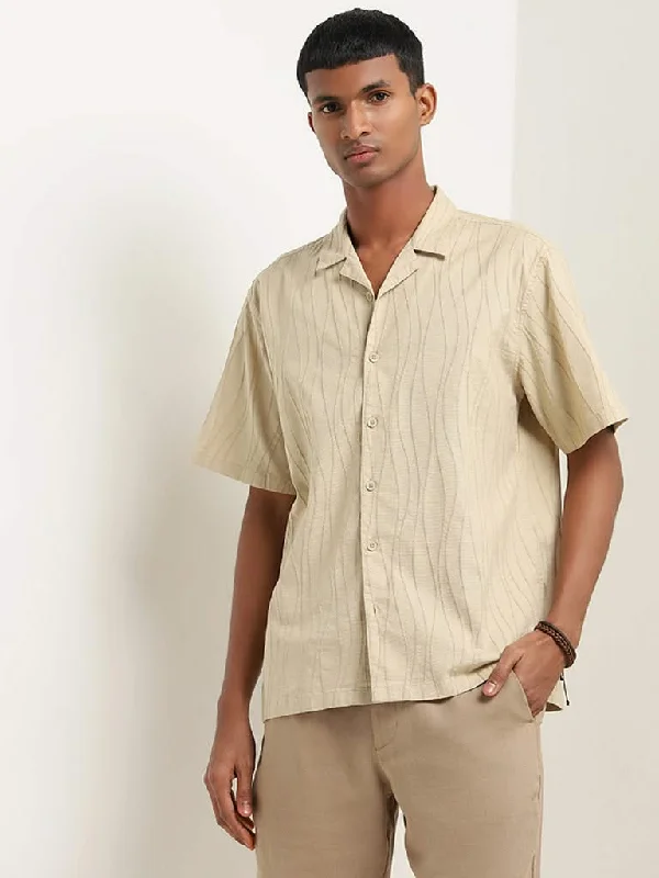 Epic Deals ETA Beige Textured Cotton Blend Relaxed Fit Shirt
