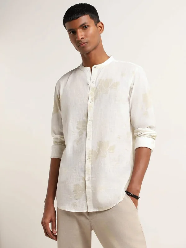 ETA White Floral Printed Cotton Resort Fit Grandad Shirt