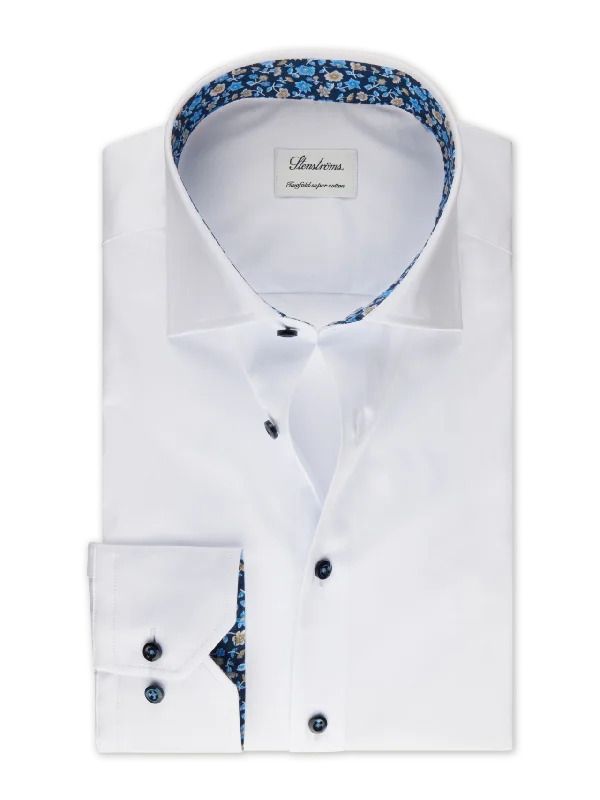 Buy Now White w/ Blue Floral Trim Slimline Twill Shirt - Stenströms