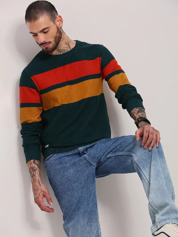 Mega Deal Men Green Colourblocked Sweater