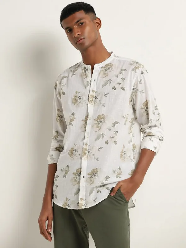 Fantastic Offers ETA Taupe Floral Print Cotton Resort Fit Shirt