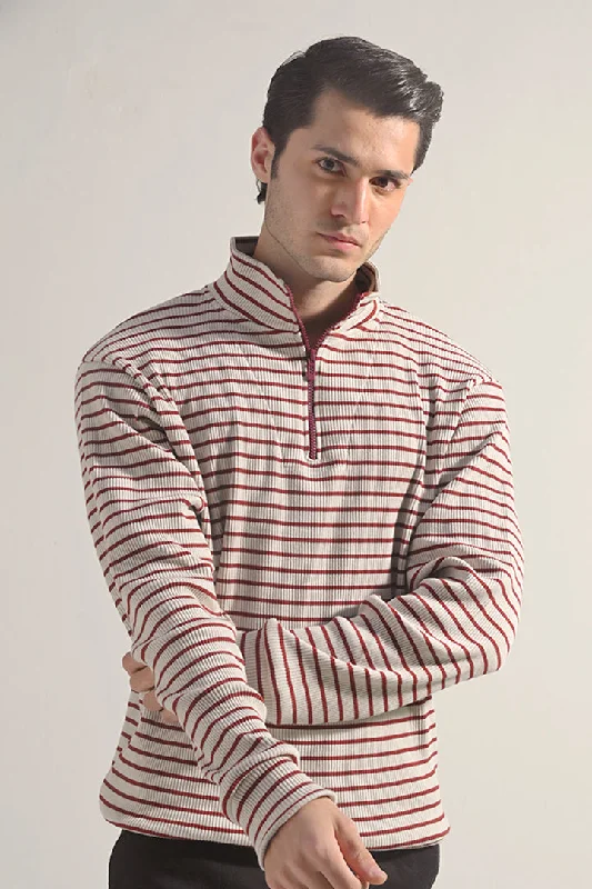 Stock Clearance Striped Half Zipper Sweatshirt - Beige