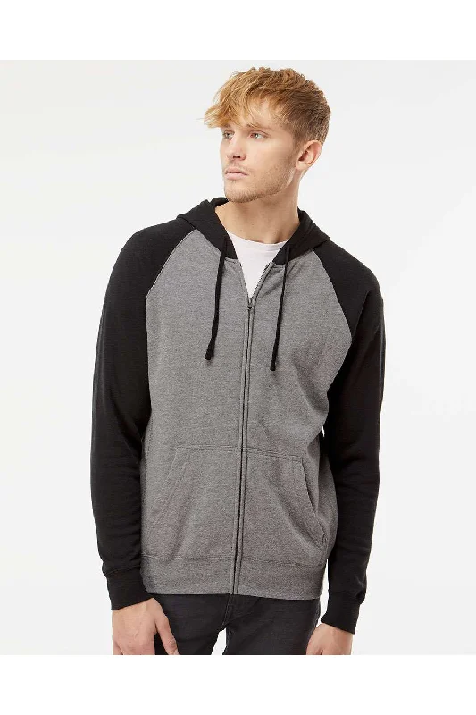 Independent Trading Co. Mens Special Blend Raglan Full Zip Hooded Sweatshirt Hoodie w/ Pockets - Heather Nickel Grey/Black - Closeout