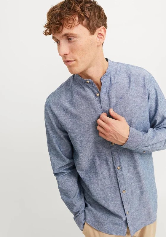 Jack & Jones Summer Linen Grandad Collar Shirt, Faded Denim