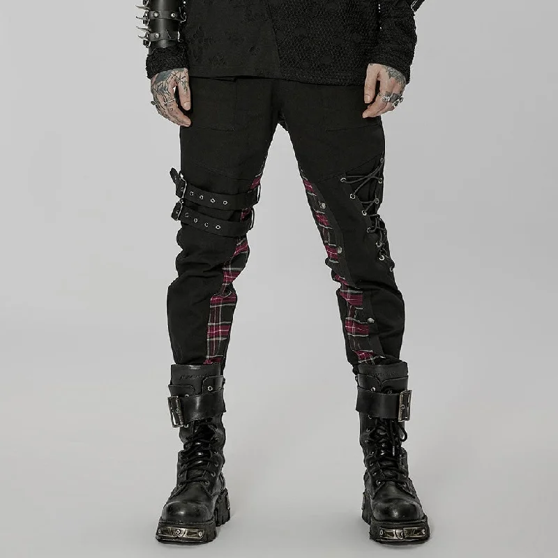 Can't Be Beat Men's Punk Strappy Plaid Splice Pants with Straps