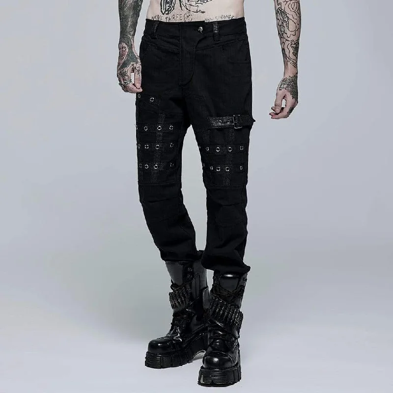 Unbeatable Deal Men's Punk Buckle Splice Woven Pants