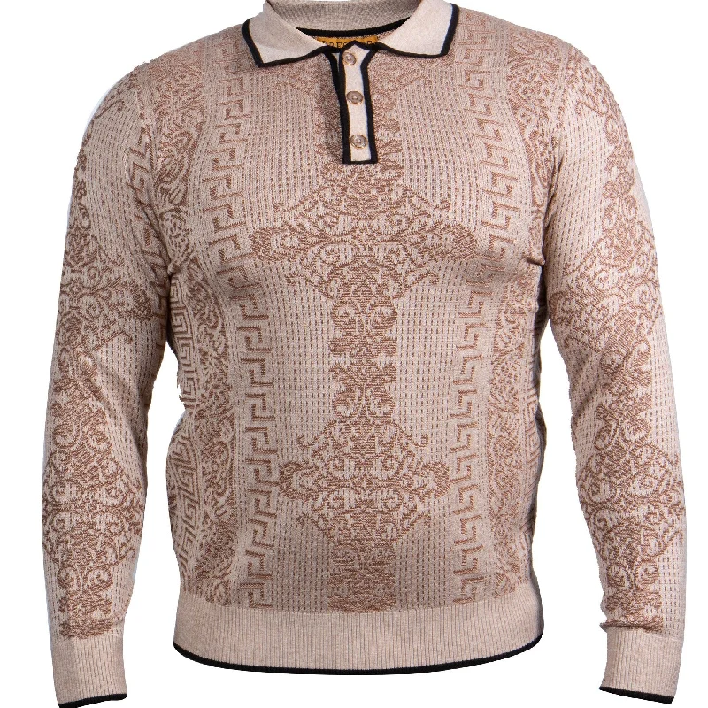 Exclusive Access Prestige SW-447 L/S 3 Button Polo Jacquard Sweater Stone