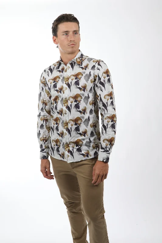 Discount Extravaganza Floral Khaki  Peached Cotton Poplin Shirt