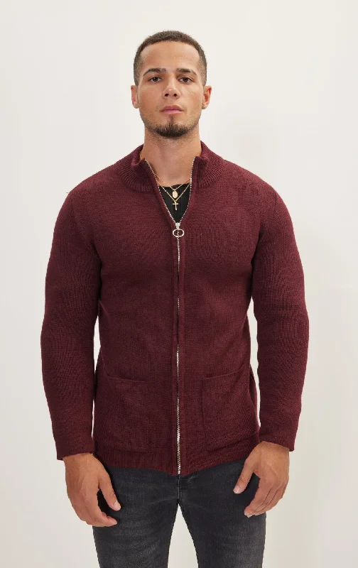 Online Only Zipper Up Cardigan - Bordeaux