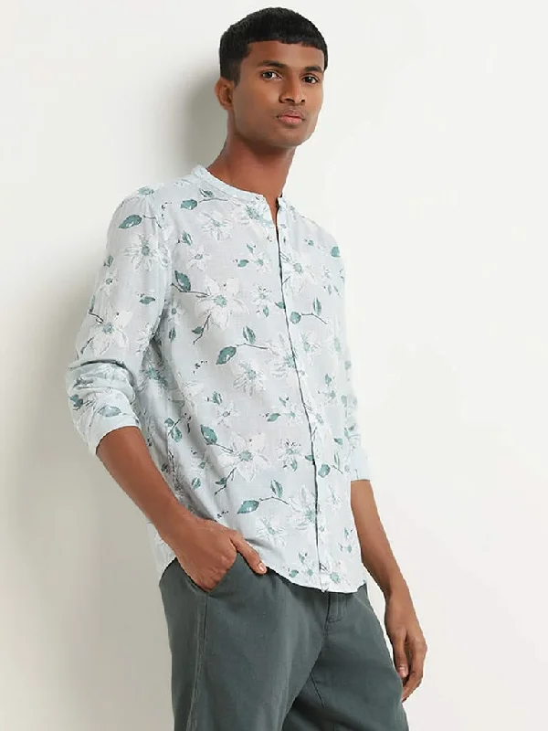 Daily Deals ETA Light Teal Floral Printed Cotton Resort Fit Shirt