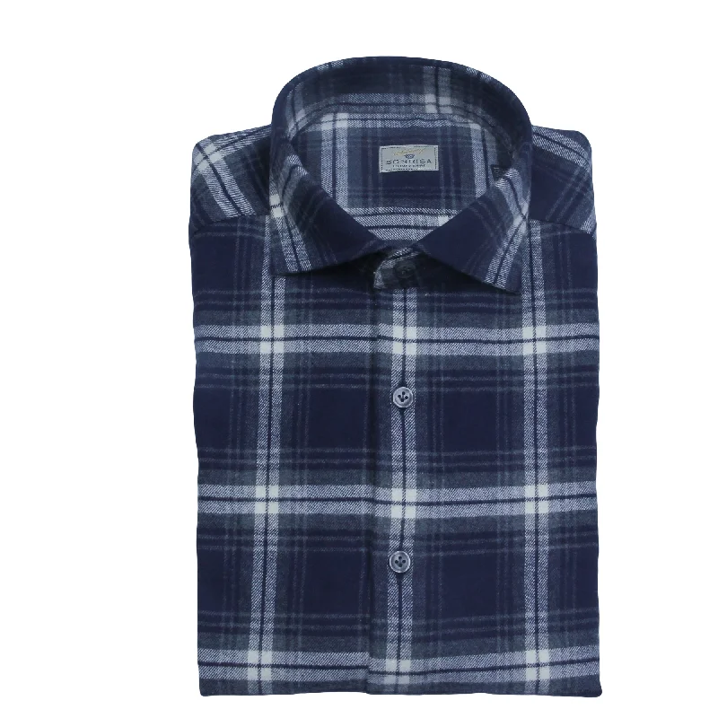One-DAY Sale Navy Blue Check Cotton Flannel Shirt - SONRISA