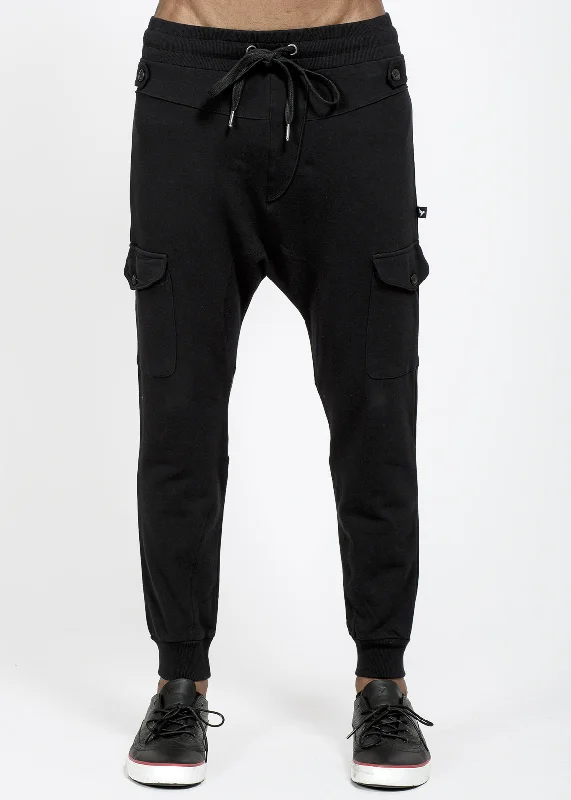 Konus Men's Drop Crotch Cargo Pockets Sweatpants in Black