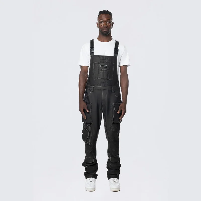 Deal Frenzy Stacked Vegan Leather Overalls - Washed Black