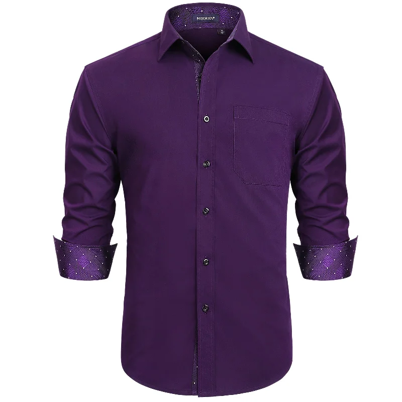 Men's Patchwork Dress Shirt with Pocket - DARK PURPLE/PLAID