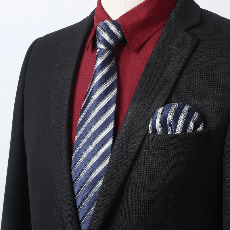 Weekend Specials to Savor Men's Shirt with Tie Handkerchief Set - 06-DARK RED/NAVY