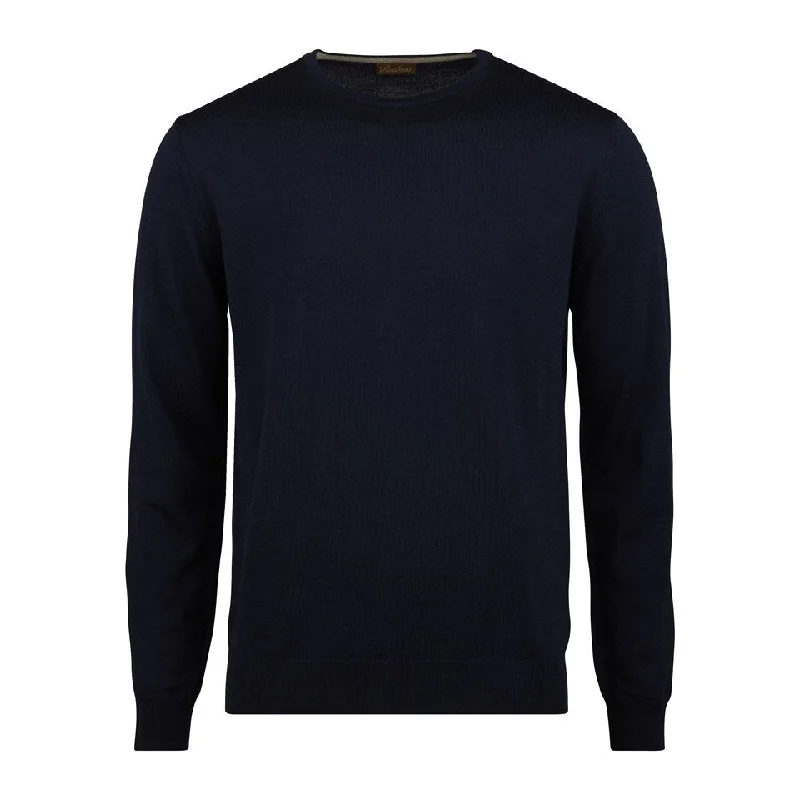Don’t Miss Out Navy Blue Merino Wool Crew Neck Sweater with Elbow Patches - Stenstroms