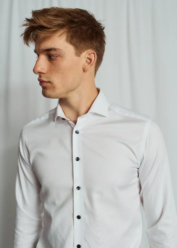 Exclusive Deal Modern Fit | Solid Textured Long Sleeve Shirt with Navy Buttons - White