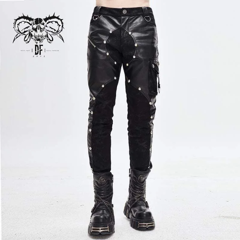 Early Access Men's Faux Leather Zipper Rivets Spliced Trousers With Pocket