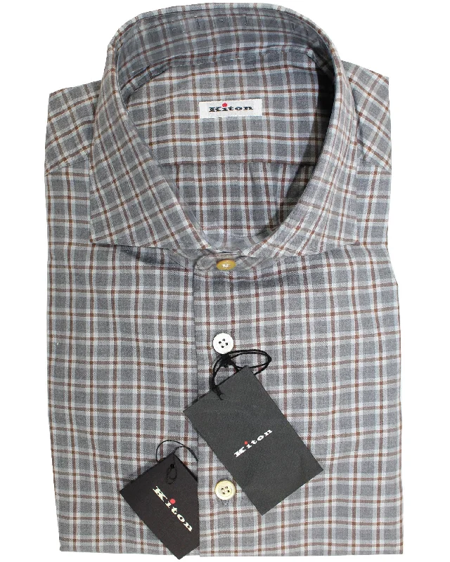 Crazy Deal Kiton Dress Shirt Gray Brown Gingham Check 40 - 15 3/4 REDUCED - SALE