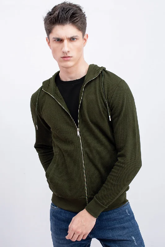 Olive Green Cotton Stretch Popcorn Knitted Hoodie Jacket