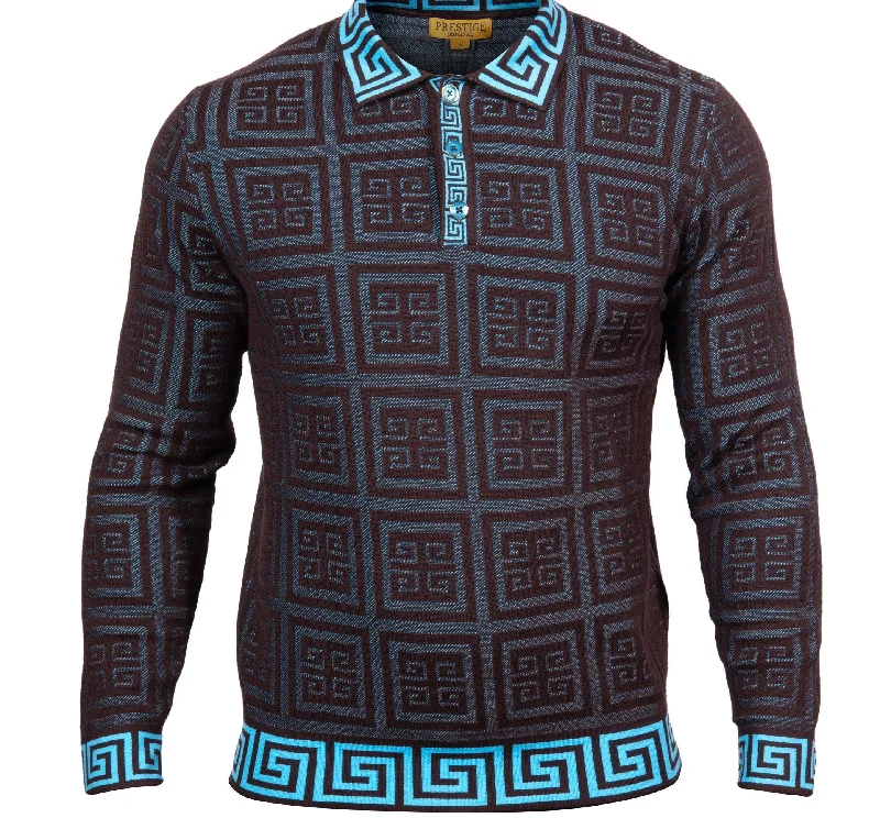 Mega Sale Prestige SW-457 3 Button Polo Greek  Sweater Brown