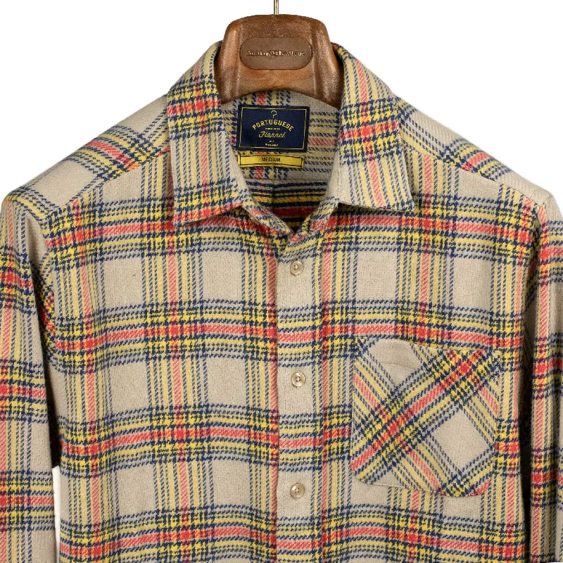 Lars shirt in beige, navy, red, and yellow plaid cotton flannel