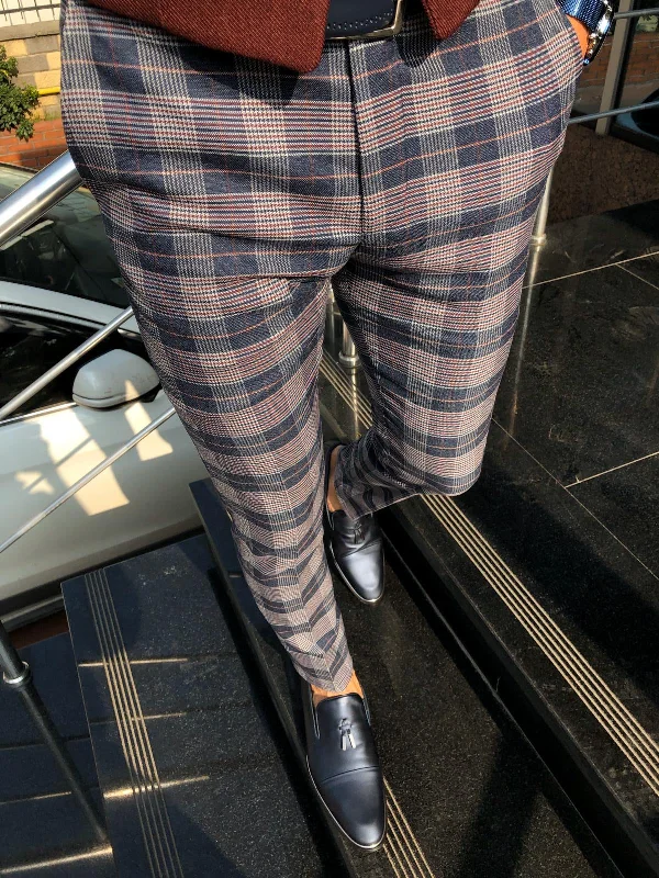 Hurry In Adena Classic Navy Blue Slim Fit Plaid Pants