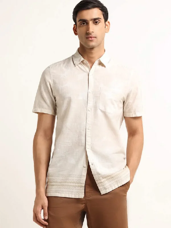 WES Casuals Beige Floral Print Cotton Slim Fit Shirt