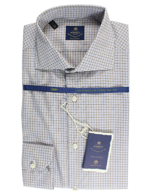 Stock Clearance Borrelli Dress Shirt ROYAL COLLECTION White Blue Brown Check 40 - 15 3/4 FINAL SALE