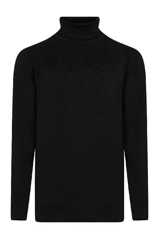 Super Sale Regular Fit Patterned Cotton Blend Khaki Turtleneck Sweater, Black