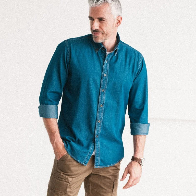 Flash Sale Essential Button Down Collar Casual Shirt - Medium Blue Cotton Denim