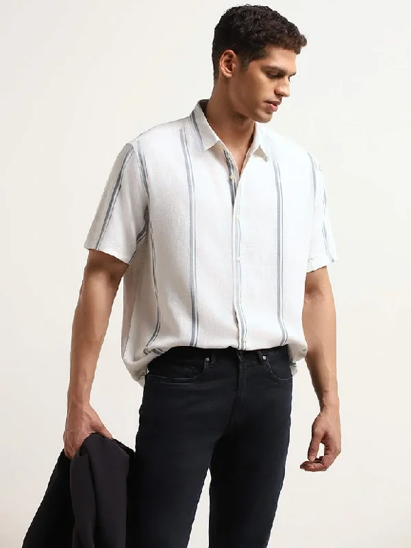 Blowout Sale Ascot White Striped Relaxed Fit Blended Linen Shirt
