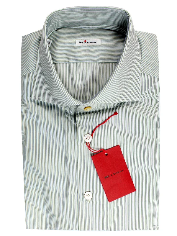 Kiton Dress Shirt White Green Navy Stripes 43 - 17 SALE